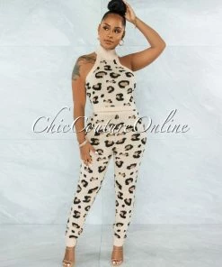 Chic Couture Online Lajos Nude Leopard Print Crop Top & Leggings Knit Set
