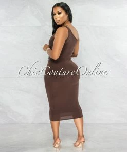 Vendor-unknown JUST IN Abasi Brown Key-Hole Double Lined Midi Dress