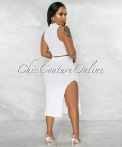 Vendor-unknown Drefan Off-White Ribbed Slit Skirt Two Piece Set JUST IN
