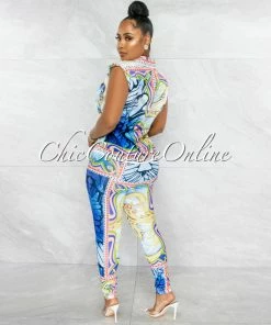 Vendor-unknown Harlem White Blue Multi-Color Print Blouse & Leggings Set
