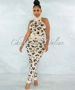 Chic Couture Online Lajos Nude Leopard Print Crop Top & Leggings Knit Set