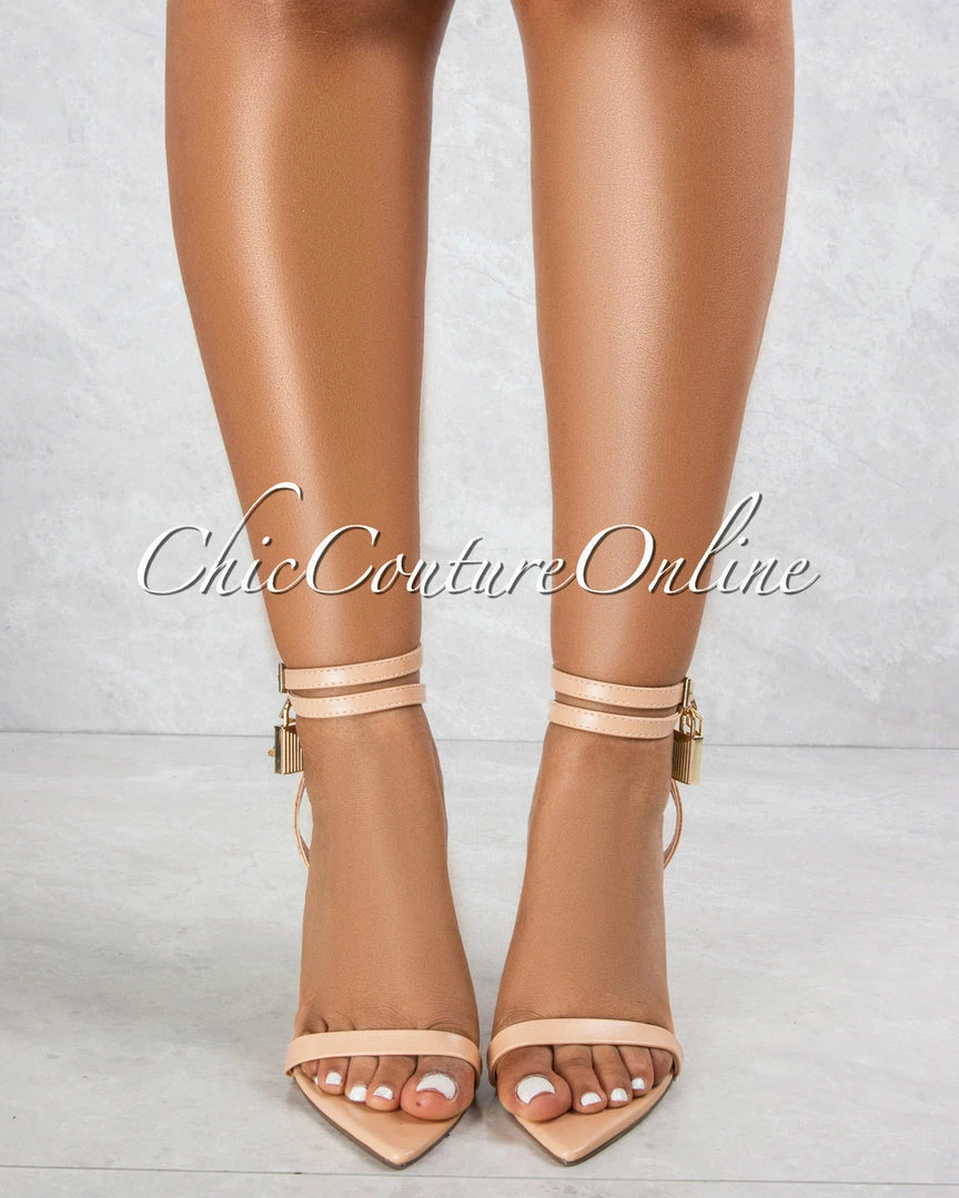 Vendor-unknown SHOES Banks Nude Gold Lock And Key Pointed Toe Heels