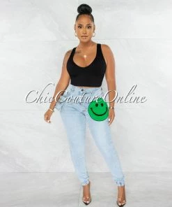 Chic Couture Online Bruce Light Denim Happy Face Patch Fanny Pack Jeans JUST IN
