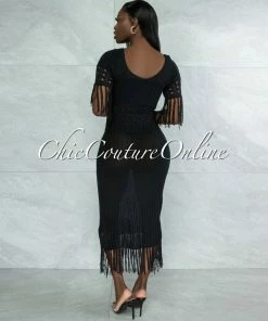 Vendor-unknown Casina Black Crochet Cover-Up Fringe Maxi Dress JUST IN