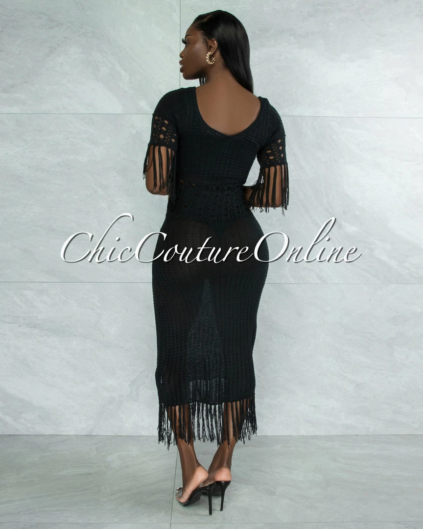 Vendor-unknown Casina Black Crochet Cover-Up Fringe Maxi Dress JUST IN