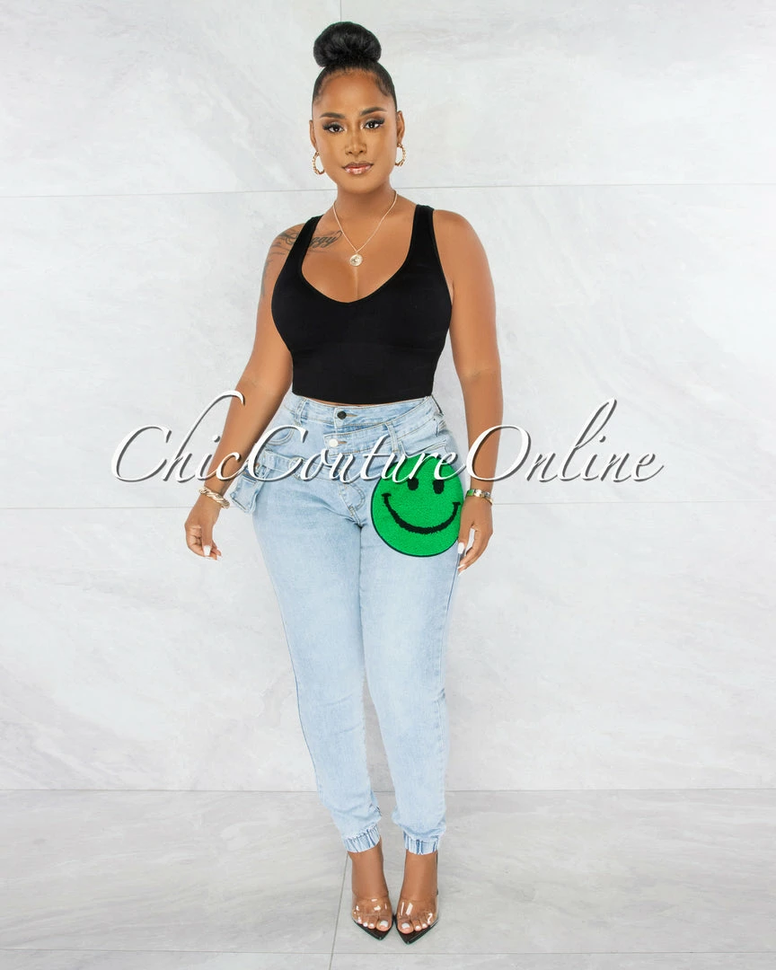 Chic Couture Online Bruce Light Denim Happy Face Patch Fanny Pack Jeans JUST IN