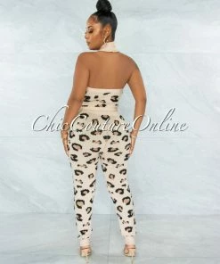 Chic Couture Online Lajos Nude Leopard Print Crop Top & Leggings Knit Set