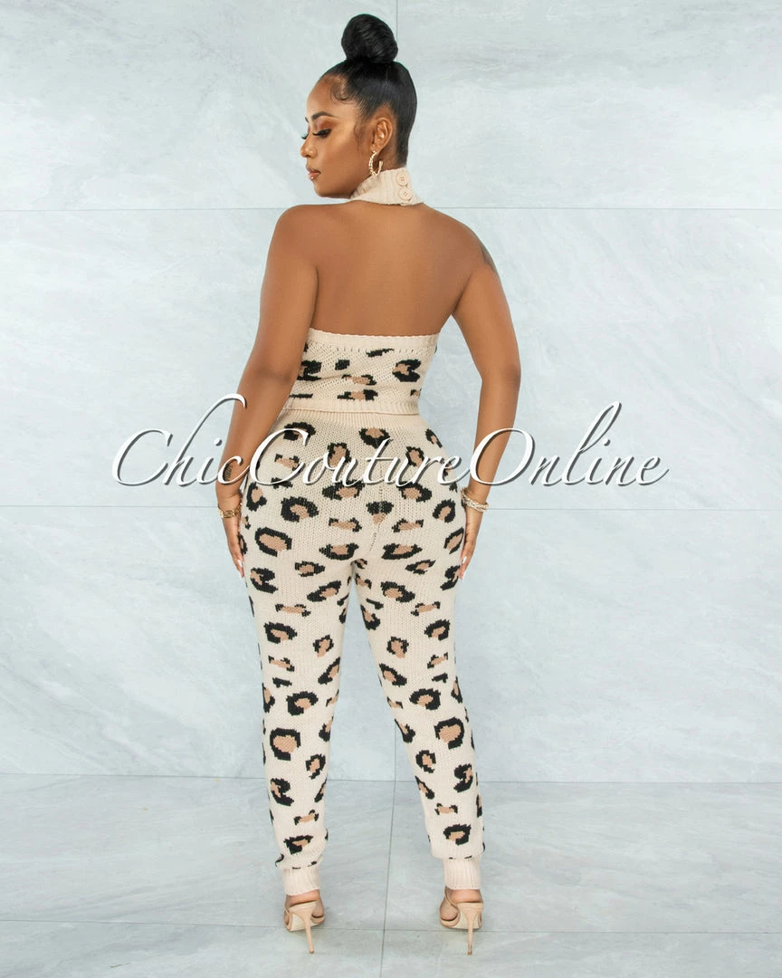 Chic Couture Online Lajos Nude Leopard Print Crop Top & Leggings Knit Set