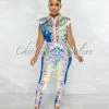 Vendor-unknown Harlem White Blue Multi-Color Print Blouse & Leggings Set
