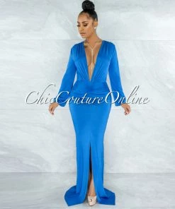 Chic Couture Online JUST IN Solada Royal-Blue V-Neck Long Sleeves Front Draped Maxi Dress