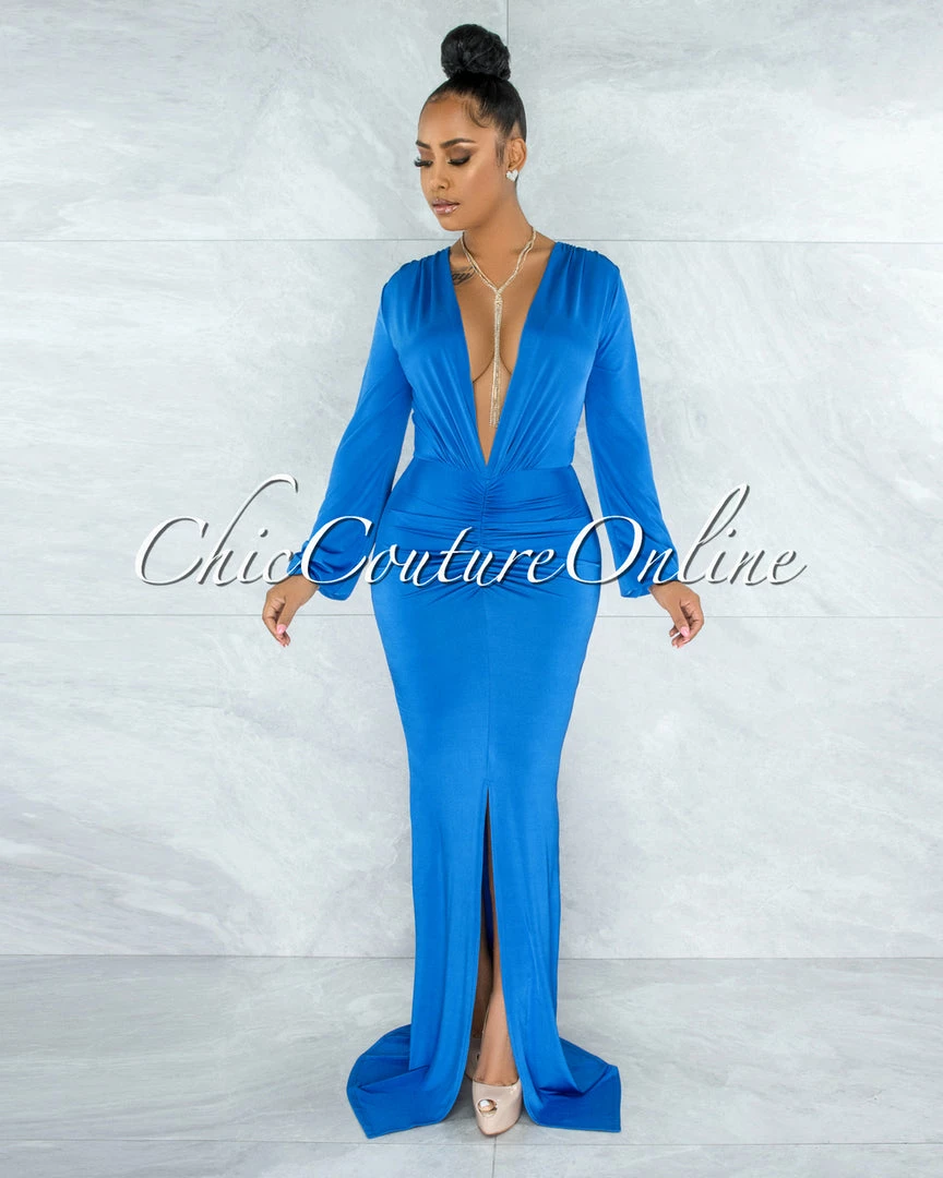 Chic Couture Online JUST IN Solada Royal-Blue V-Neck Long Sleeves Front Draped Maxi Dress