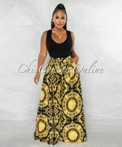 Chic Couture Online Tiffany Black Gold Print Pleated Wide Pants