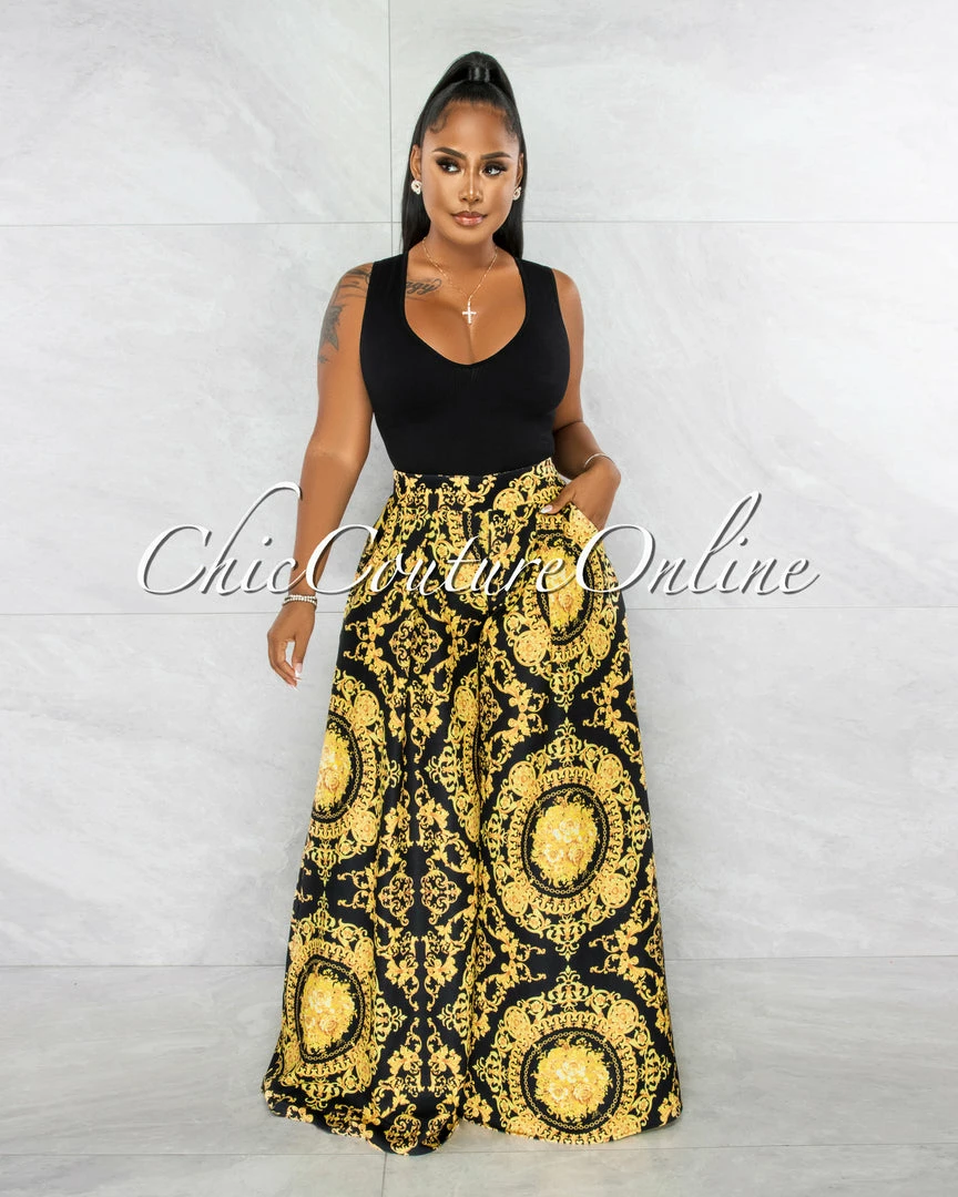 Chic Couture Online Tiffany Black Gold Print Pleated Wide Pants