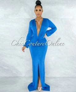 Chic Couture Online JUST IN Solada Royal-Blue V-Neck Long Sleeves Front Draped Maxi Dress