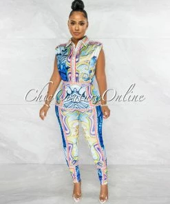Vendor-unknown Harlem White Blue Multi-Color Print Blouse & Leggings Set