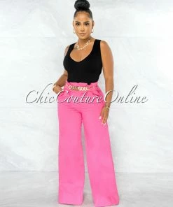 Chic Couture Online Elise Fuchsia Paper Bag Gold Link Belt Denim Pants