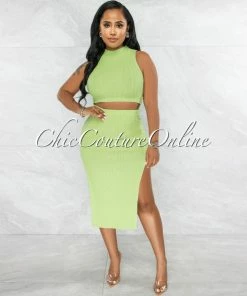 Vendor-unknown JUST IN Drefan Apple Green Ribbed Slit Skirt Two Piece Set