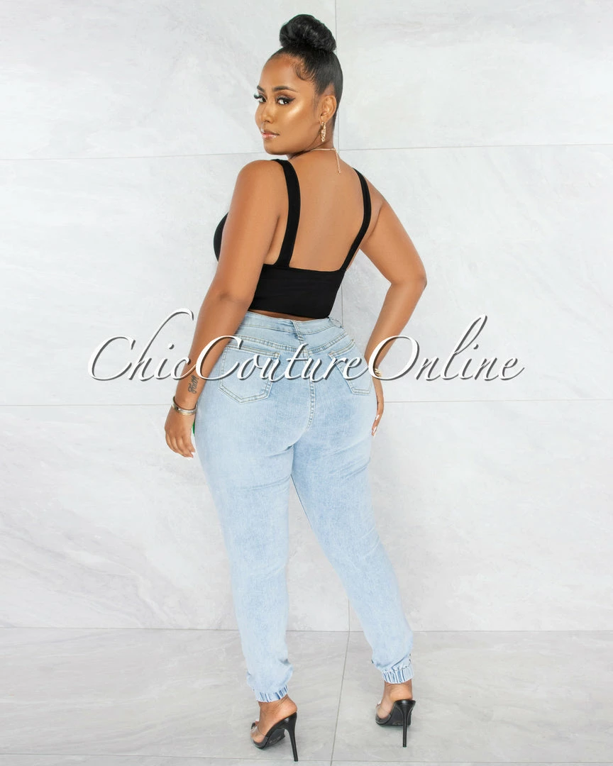Chic Couture Online Bruce Light Denim Happy Face Patch Fanny Pack Jeans JUST IN