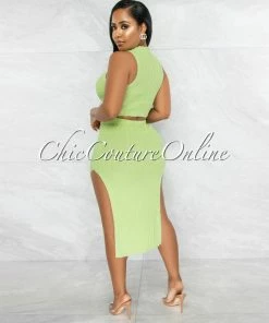 Vendor-unknown JUST IN Drefan Apple Green Ribbed Slit Skirt Two Piece Set