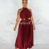 Chic Couture Online Nicia Burgundy Halter Pleated Silky Maxi Dress JUST IN