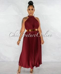 Chic Couture Online Nicia Burgundy Halter Pleated Silky Maxi Dress JUST IN