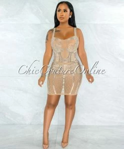Vendor-unknown Pelicia Nude Silver Rhinestones Mesh Bodysuit Dress