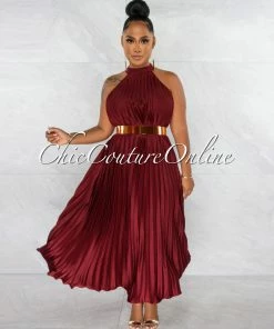 Chic Couture Online Nicia Burgundy Halter Pleated Silky Maxi Dress JUST IN