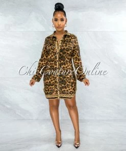 Vendor-unknown JUST IN Omanie Black Gold Leopard Print Buttons Shirt Dress