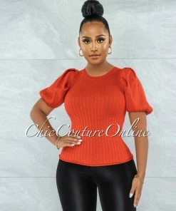 Vendor-unknown JUST IN Garsson Orange Shimmer Ribbed Knit Top