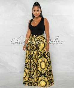 Chic Couture Online Tiffany Black Gold Print Pleated Wide Pants