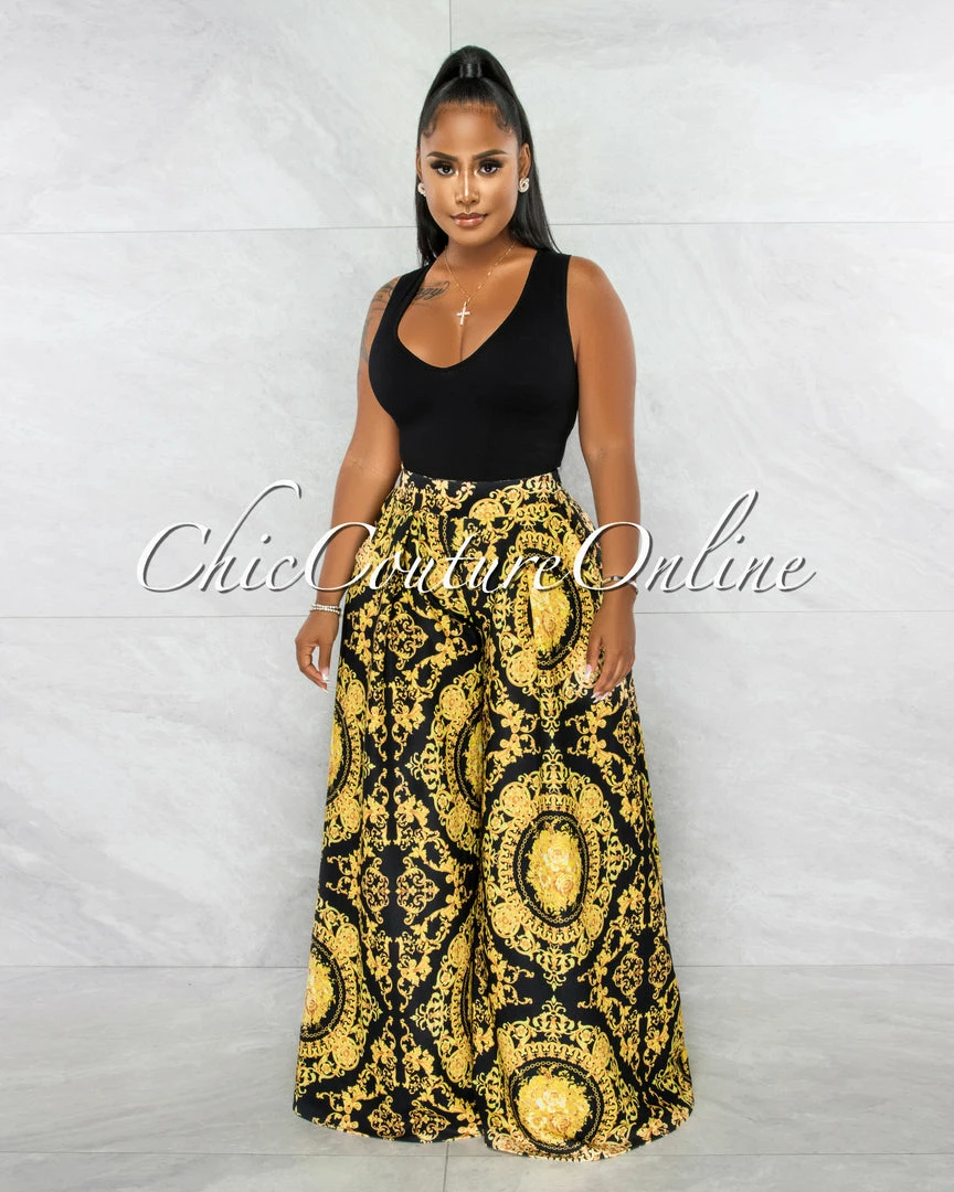 Chic Couture Online Tiffany Black Gold Print Pleated Wide Pants