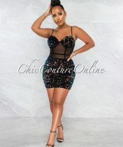 Vendor-unknown Chalissa Orange Navy Sequin Mini Dress JUST IN