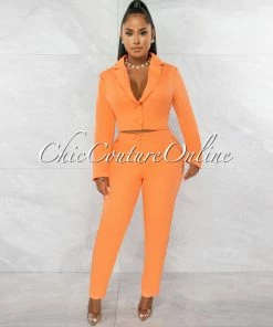 Chic Couture Online JUST IN Dottie Orange Crop Buttoned Blazer & Pants Set