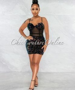 Vendor-unknown Chalissa Orange Navy Sequin Mini Dress JUST IN