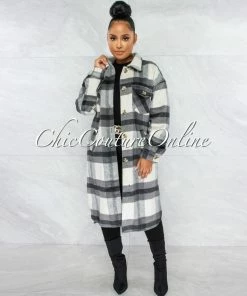 Vendor-unknown Molanie Black Ivory Plaid Front Buttons Long Coat