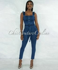 Vendor-unknown Hernanda Dark Denim Silver Buttons Jumpsuit JUST IN