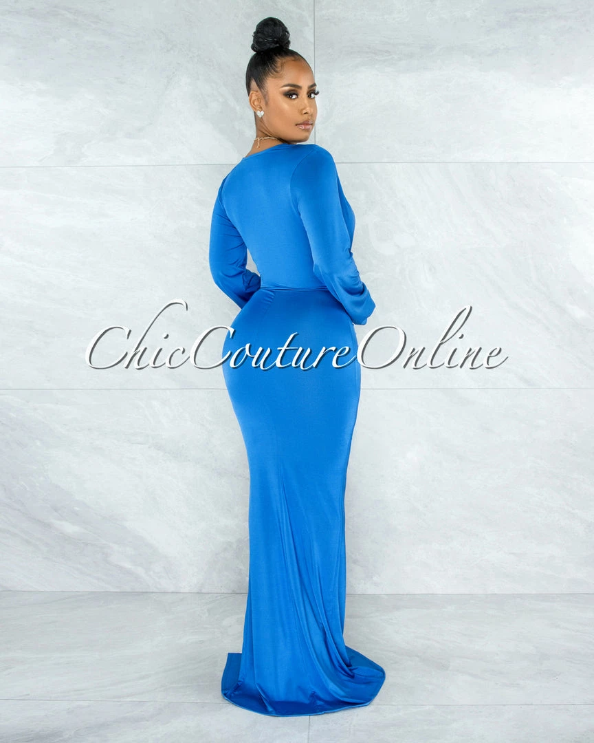 Chic Couture Online JUST IN Solada Royal-Blue V-Neck Long Sleeves Front Draped Maxi Dress