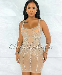 Vendor-unknown Pelicia Nude Silver Rhinestones Mesh Bodysuit Dress