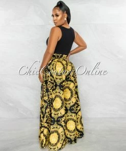 Chic Couture Online Tiffany Black Gold Print Pleated Wide Pants