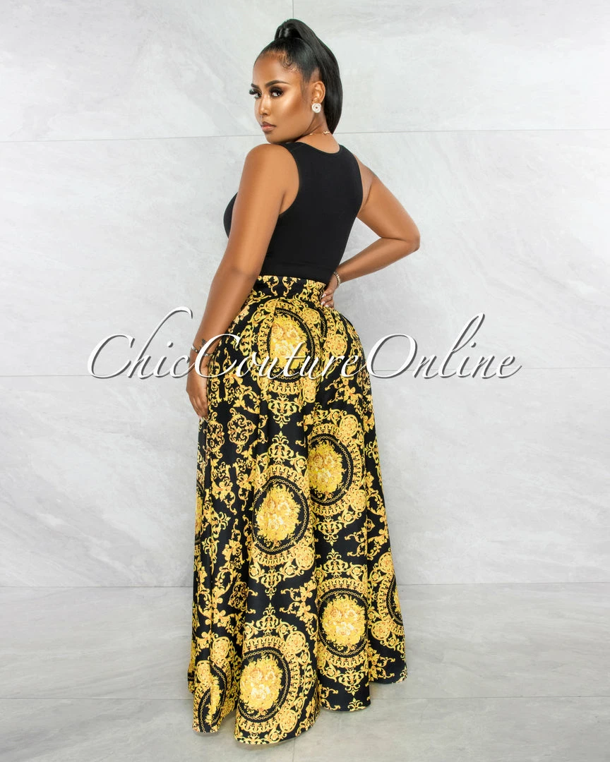 Chic Couture Online Tiffany Black Gold Print Pleated Wide Pants