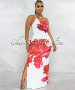 Vendor-unknown Primola White Red Rose Print Back Strappy Maxi Dress