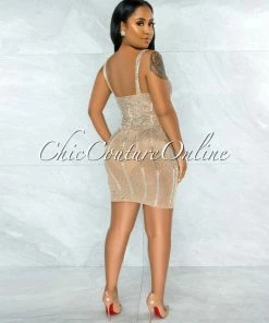 Vendor-unknown Pelicia Nude Silver Rhinestones Mesh Bodysuit Dress