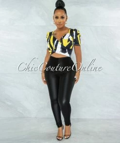 Vendor-unknown Donna Yellow Black Print Puffy Sleeves Crop Top