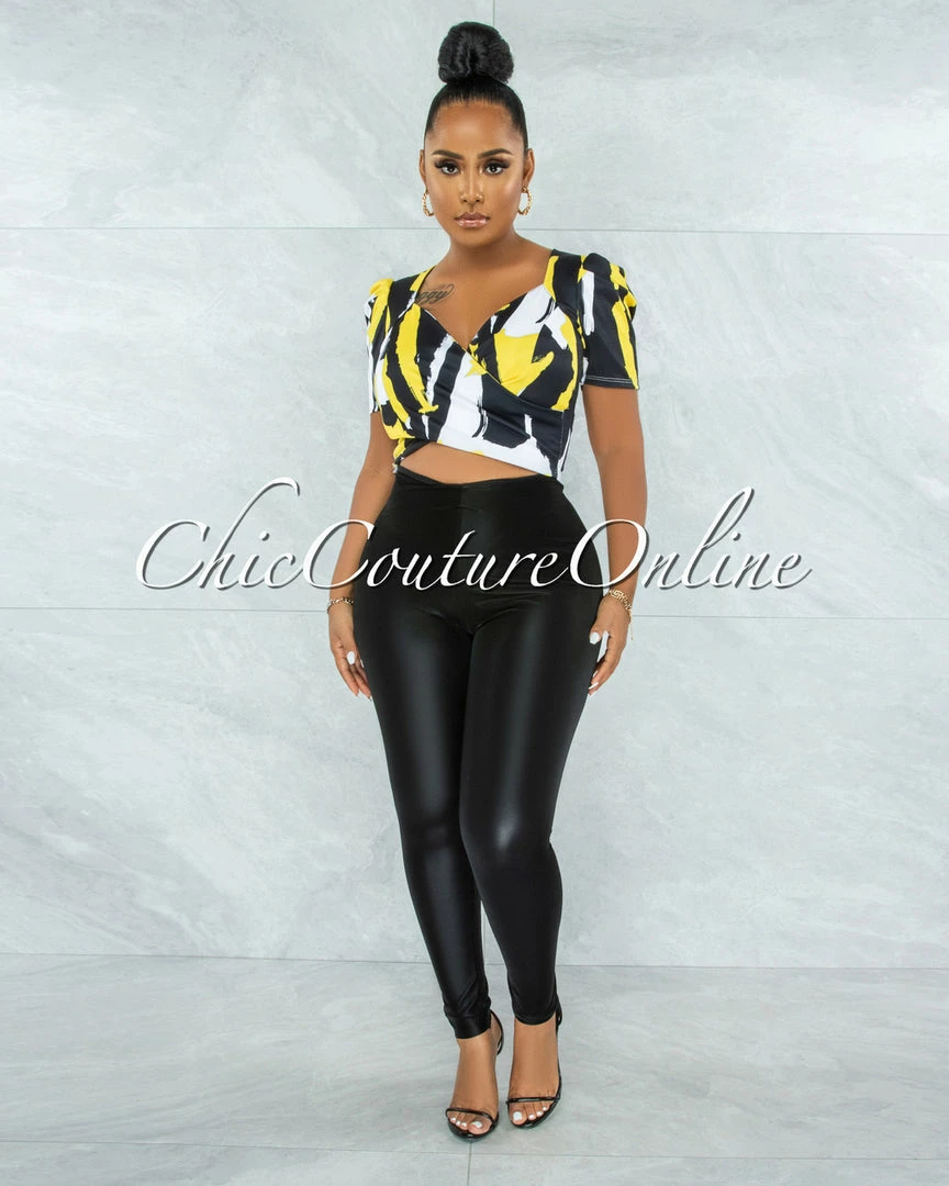 Vendor-unknown Donna Yellow Black Print Puffy Sleeves Crop Top