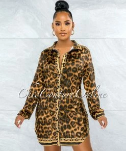 Vendor-unknown JUST IN Omanie Black Gold Leopard Print Buttons Shirt Dress