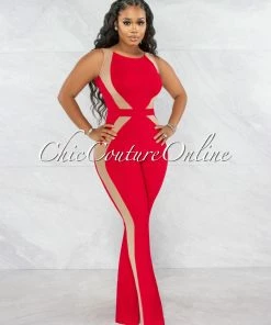 Vendor-unknown Flags Red Nude Mesh Details Jumpsuit JUST IN