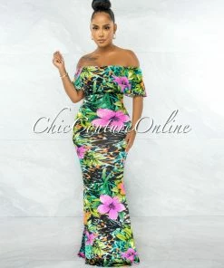 Chic Couture Online JUST IN Malcolm Black Green Print Off-The Shoulder Maxi Dress