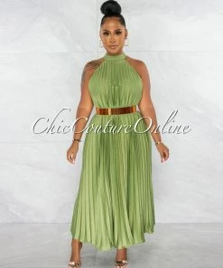 Chic Couture Online JUST IN Nicia Sheen Green Halter Pleated Silky Maxi Dress