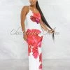 Vendor-unknown Primola White Red Rose Print Back Strappy Maxi Dress