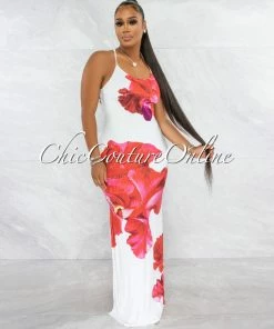 Vendor-unknown Primola White Red Rose Print Back Strappy Maxi Dress